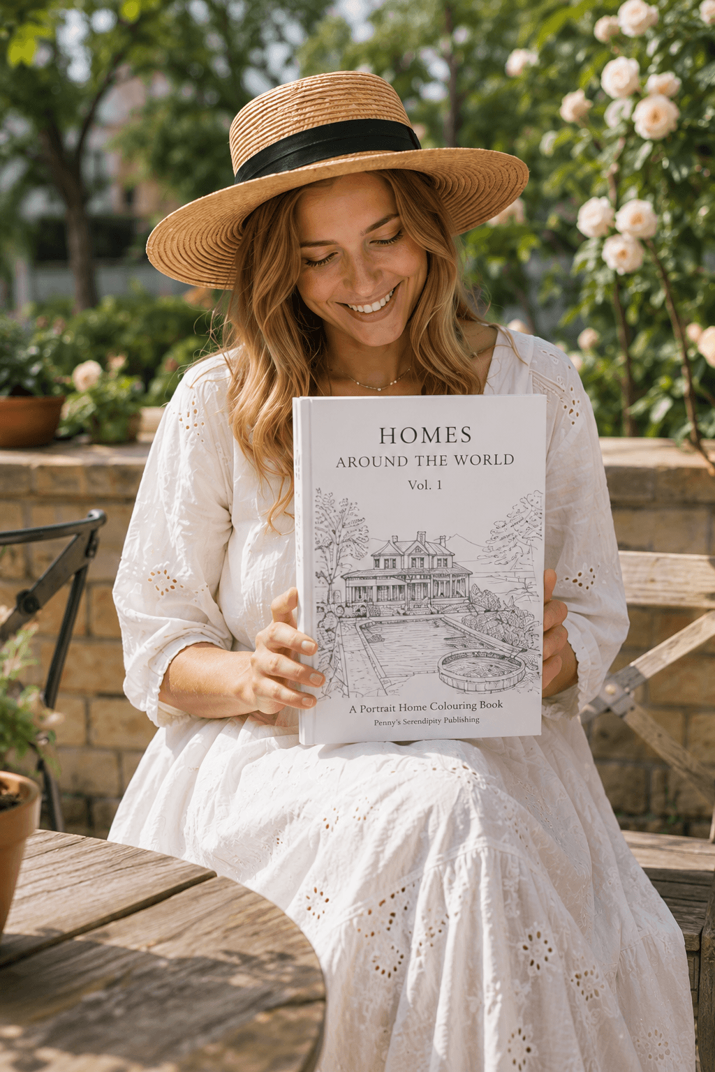 Woman in a white dress and straw hat holding a book titled 'Homes Around the World Vol.1' in a garden setting.