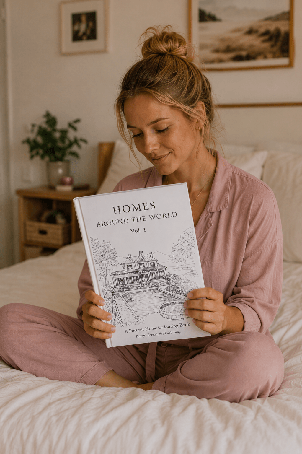 Woman in pink pajamas holding a book titled 'Homes Around the World Vol.1' on her bed.