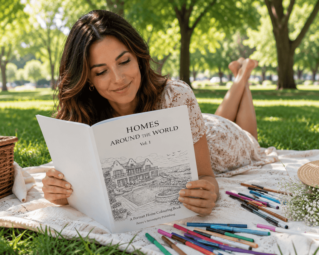 Woman looking at her coloring book titled 'Homes Around the World Vol.1 ' in a park.
