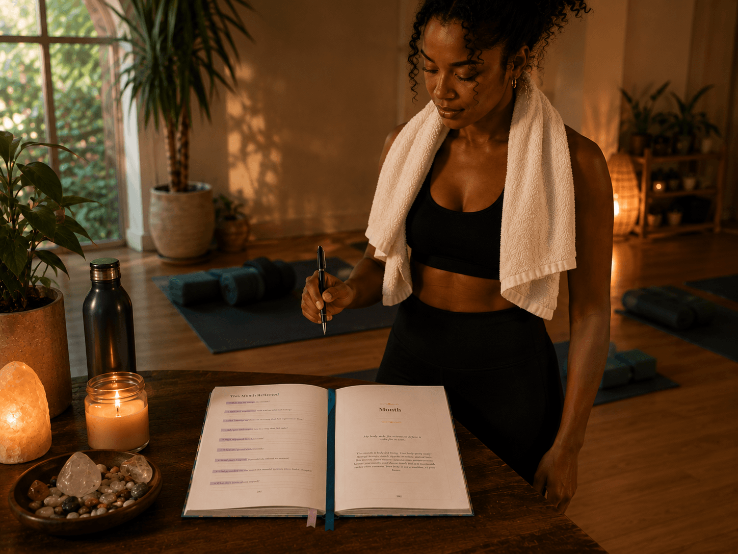 Yoga instructor after teaching her final class of the day, reflecting and ready to journal on The Serendipity Agenda to, set intentions and unwind in a peaceful studio