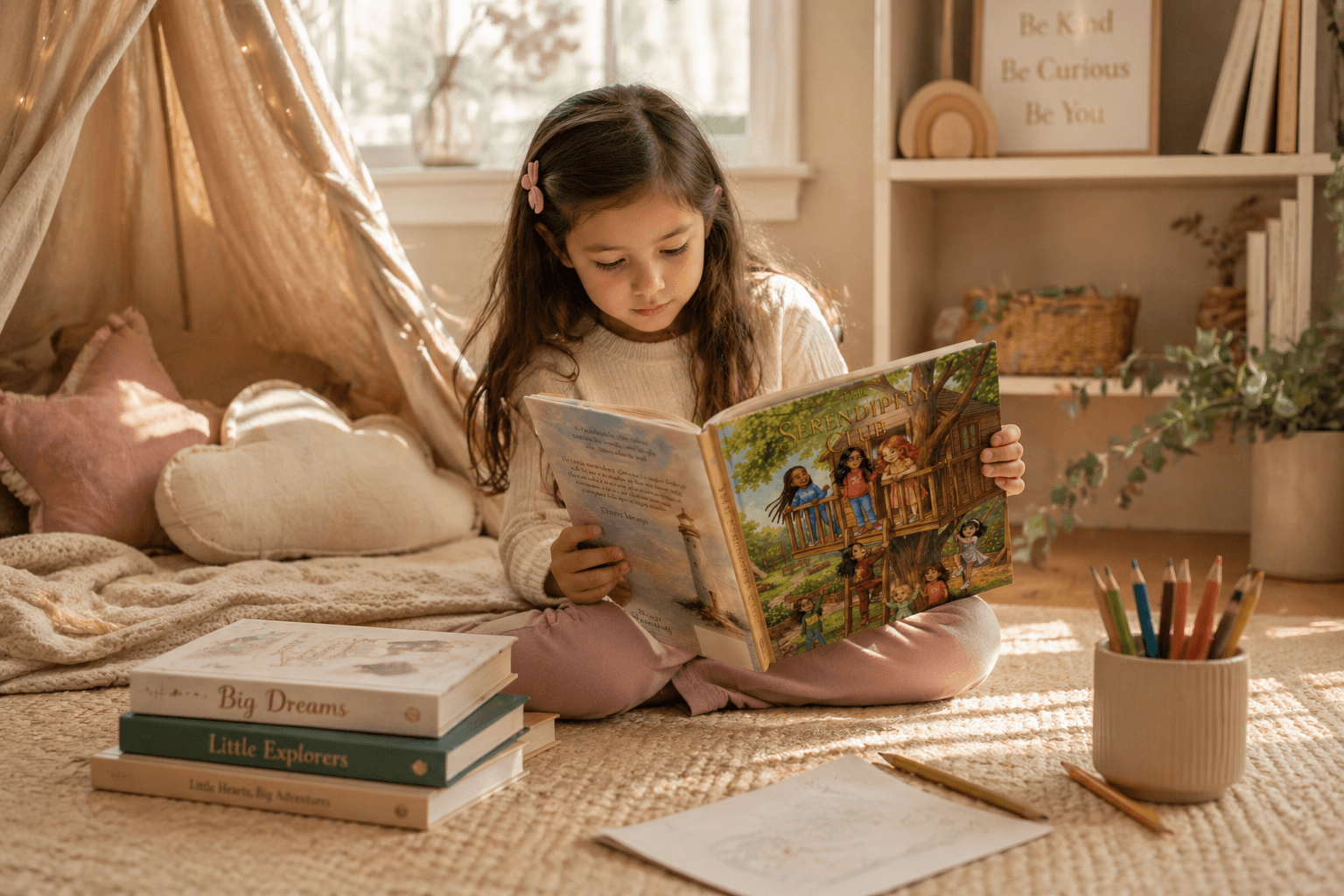 Young girl reading The Serendipity Club book in a cozy room with books and stationery around her.