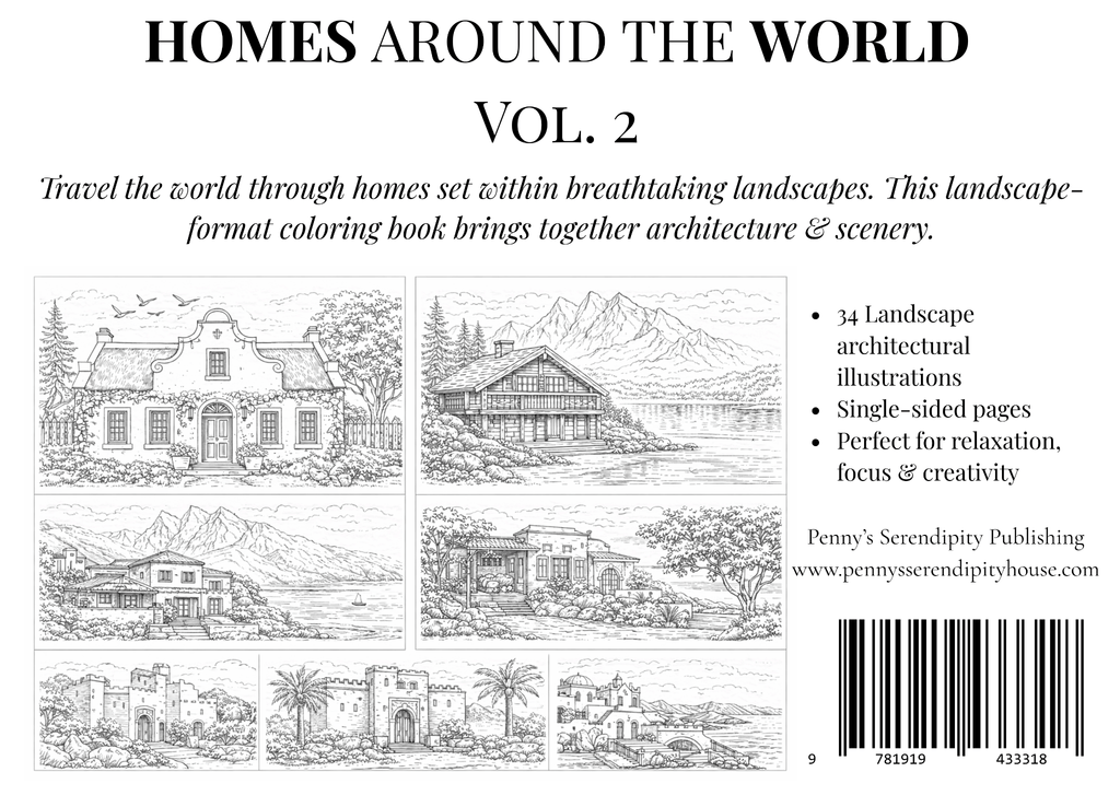 Back cover of 'Homes Around the World Vol. 2' with black and white illustrations of houses and landscapes.