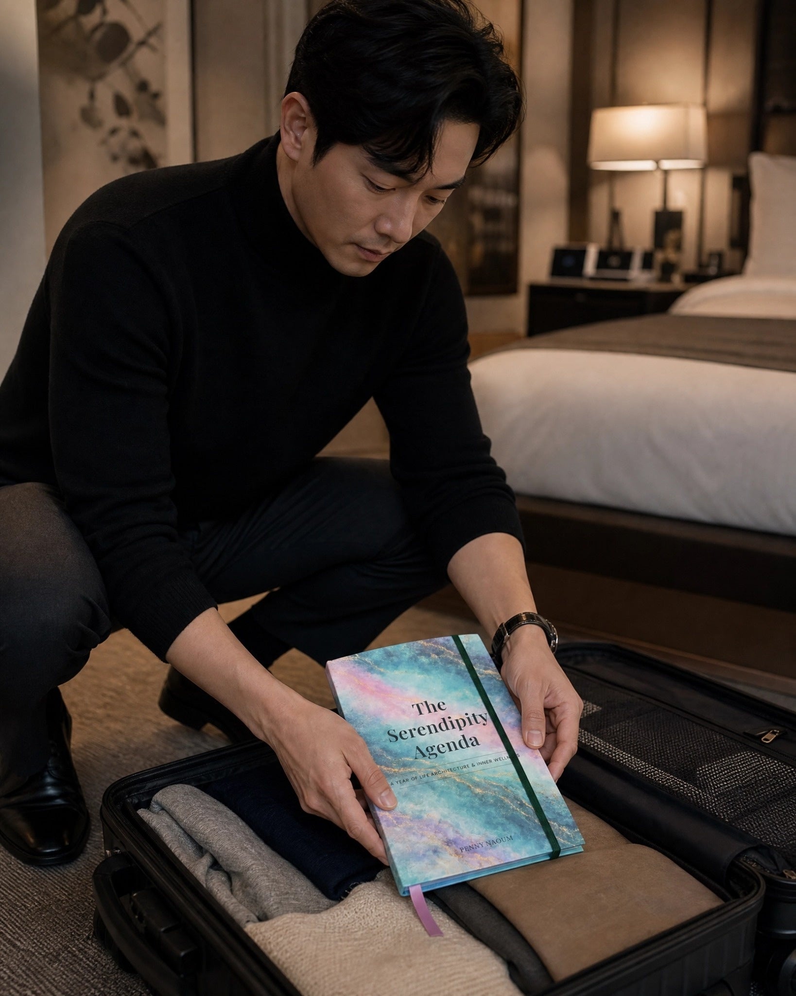 Man packing a suitcase and adds a book titled 'The Serendipity Agenda' in a bedroom setting.