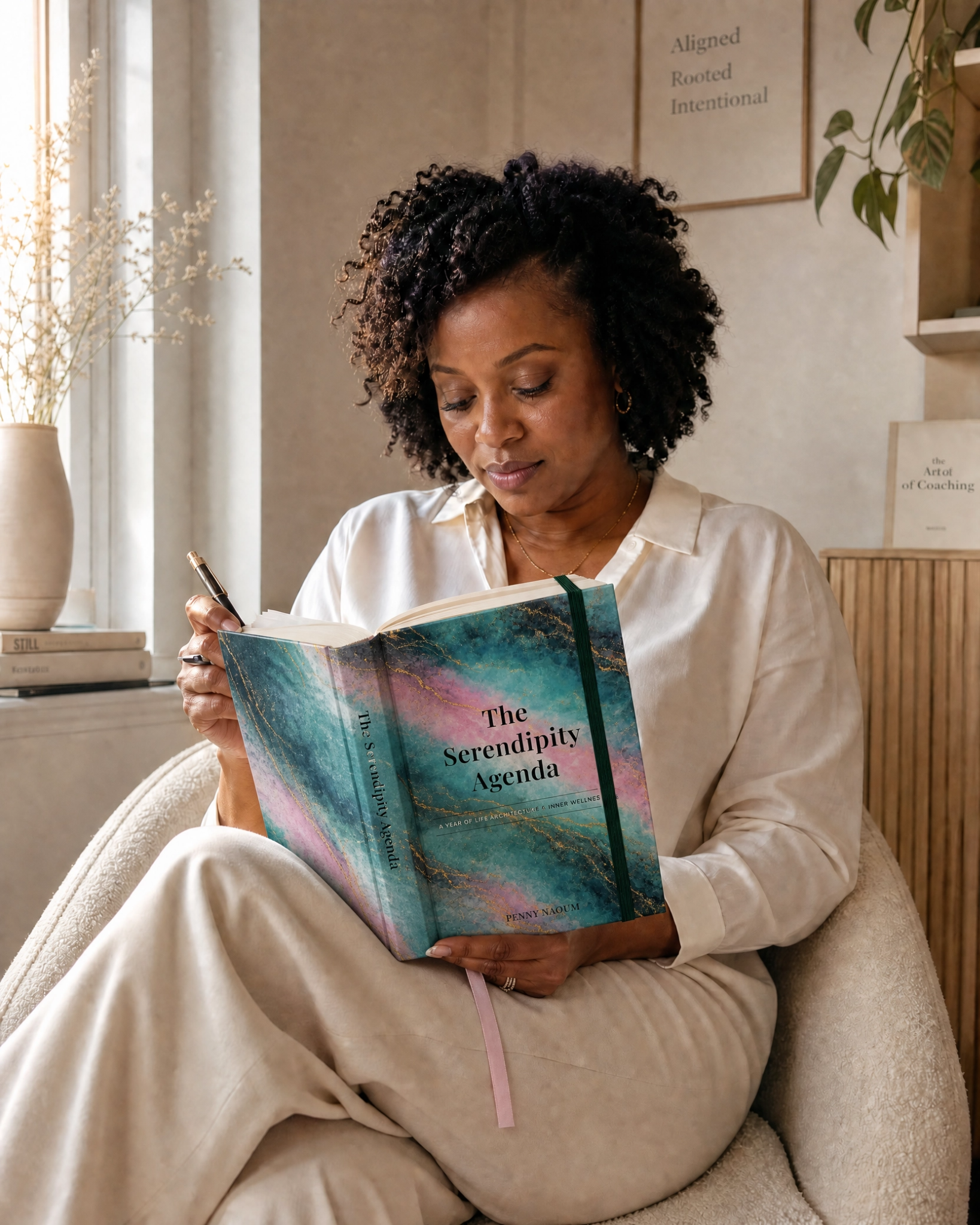 Woman reading & journaling 'The Serendipity Agenda' book in a cozy room.