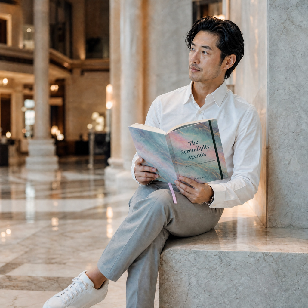Professional man holding a book titled 'The Serendipity Agenda' and reflecting in a marble luxury hotel lobby.