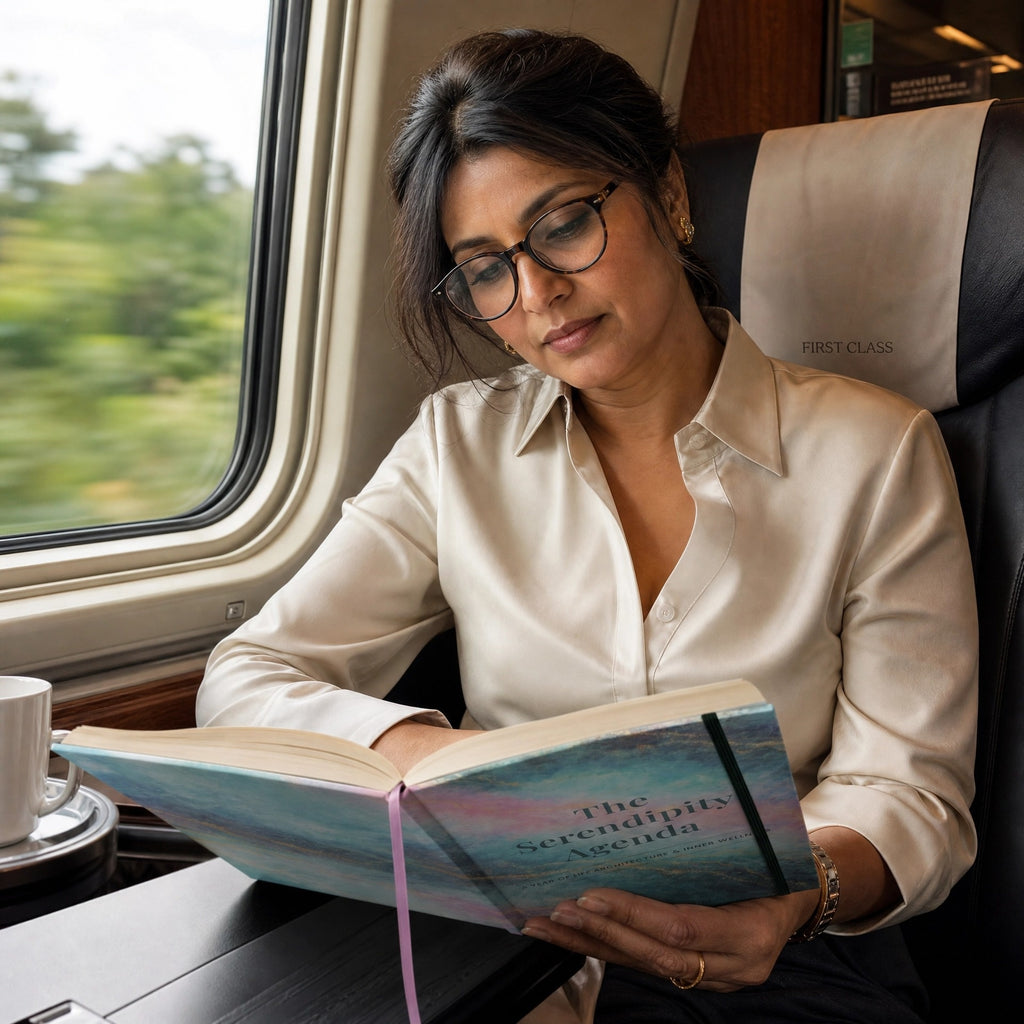 Professional woman reading a book titled 'The Serendipity Agenda' on a train.