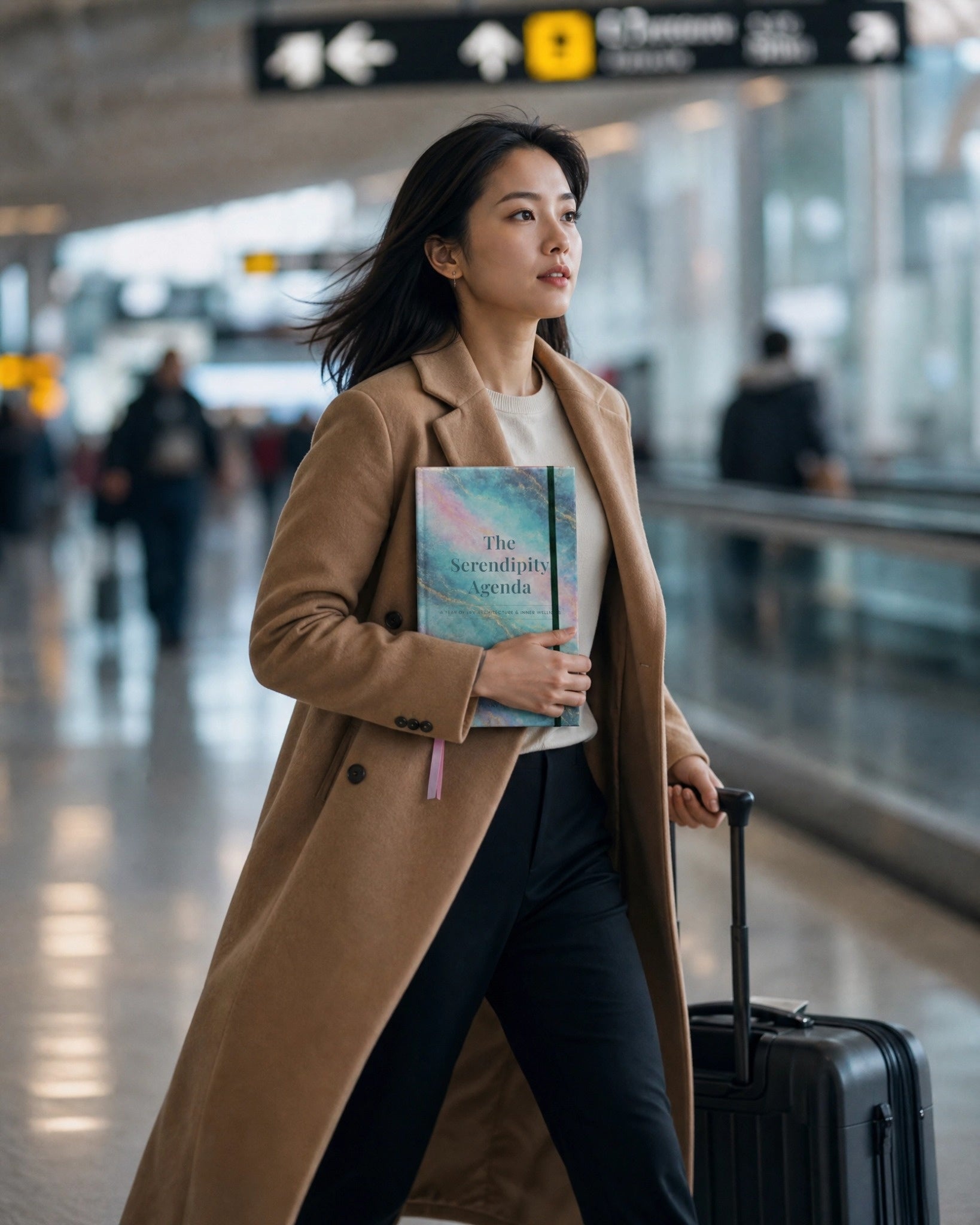 Young woman in a tan coat holding a book called The Serendipity Agenda, and pulling her suitcase in an airport.