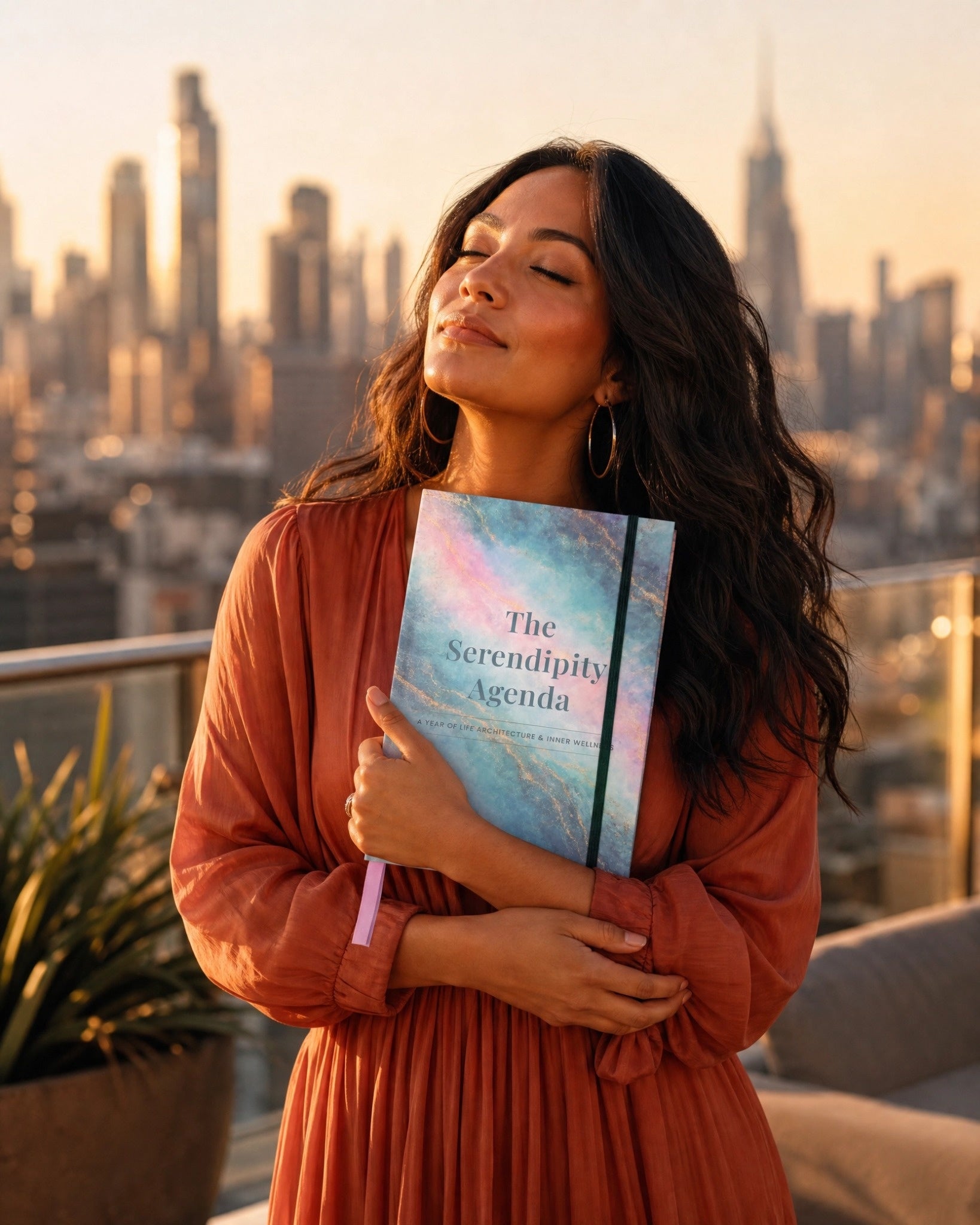 Woman happily visualising her future, on a rooftop holding a book titled 'The Serendipity Agenda' with a city skyline in the background