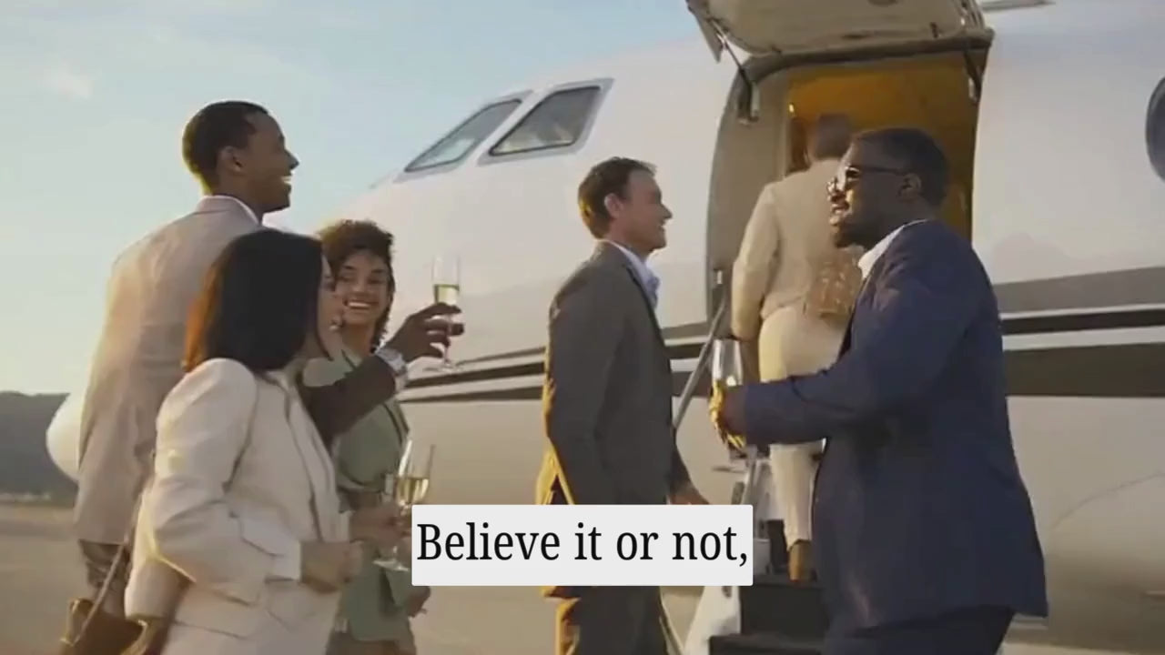 video of a diverse group of professionals entering a private jet each with holding a glass of champagne, and landing in an exotic destination exploring, taking pictures, exploring the food, checking in a luxury hotel - all of these to show where Learning from Penny can take you professionally.